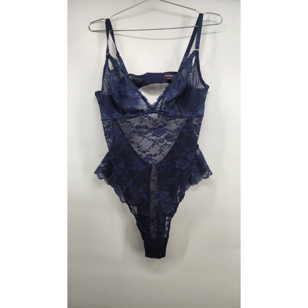 Adore Me Women's Navy Blue Lace Underwire Plunge V Neck Bodysuit NWT‎